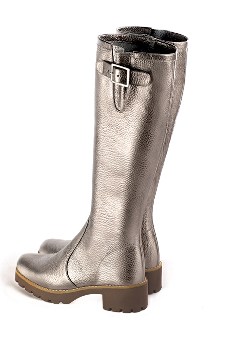Taupe brown women's knee-high boots with buckles.. Made to measure. Rear view - Florence KOOIJMAN